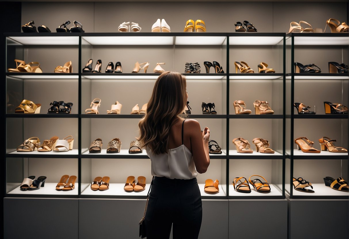 a woman standing in front of a display of shoes